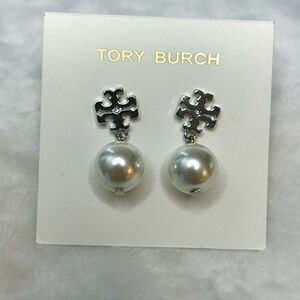 Tory Burch Kira Pearl Drop Post Logo Earrings NEW